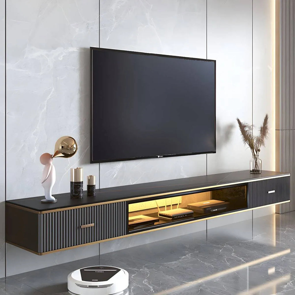Modern Stone Wall-Mounted TV Stand with Drawers and LED Lighting