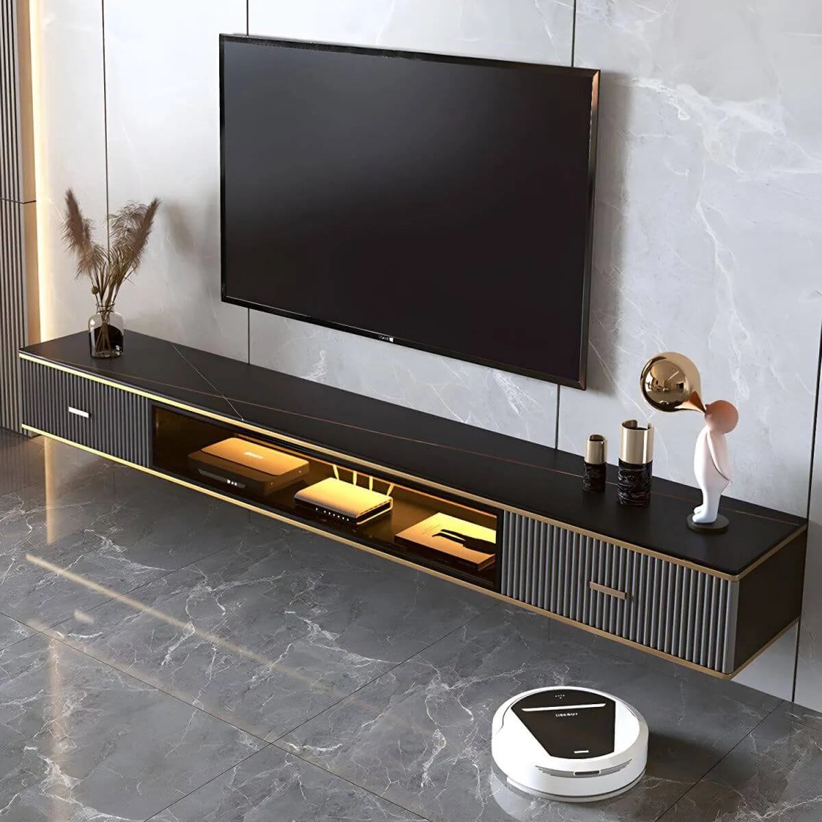 Modern Stone Wall-Mounted TV Stand with Drawers and LED Lighting