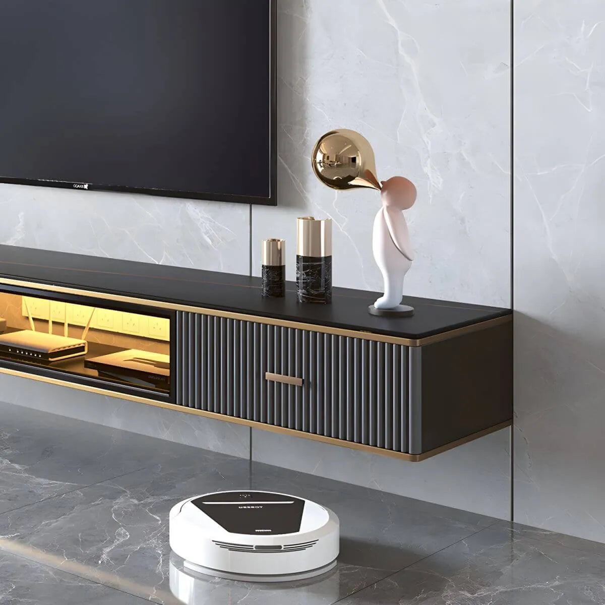 Modern Stone Wall-Mounted TV Stand with Drawers and LED Lighting