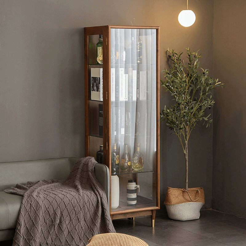 Modern Tall Glass Display Wine Cabinet - Walnut Wood