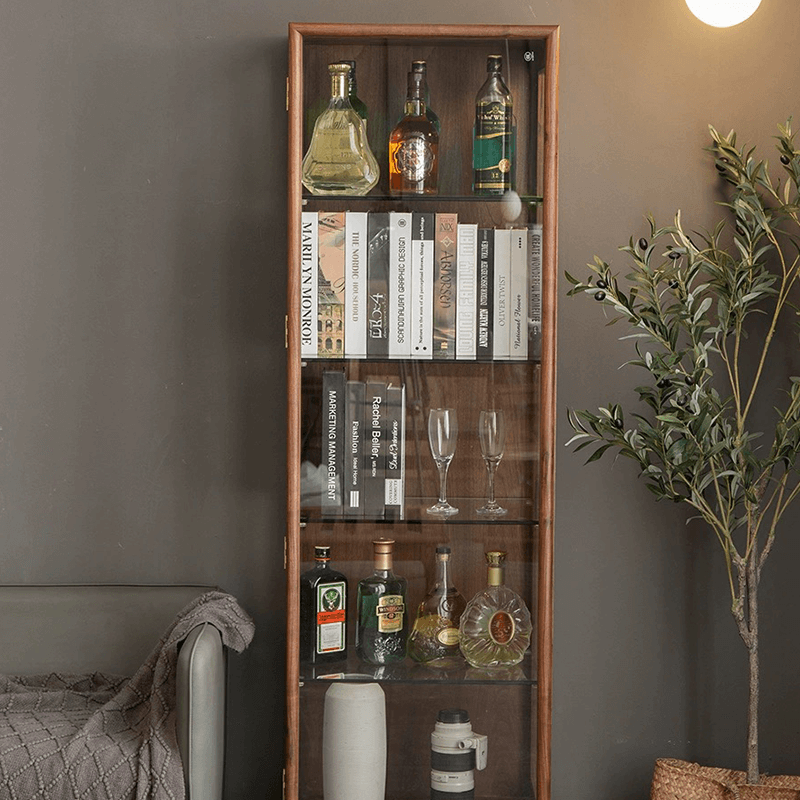 Modern Tall Glass Display Wine Cabinet - Walnut Wood