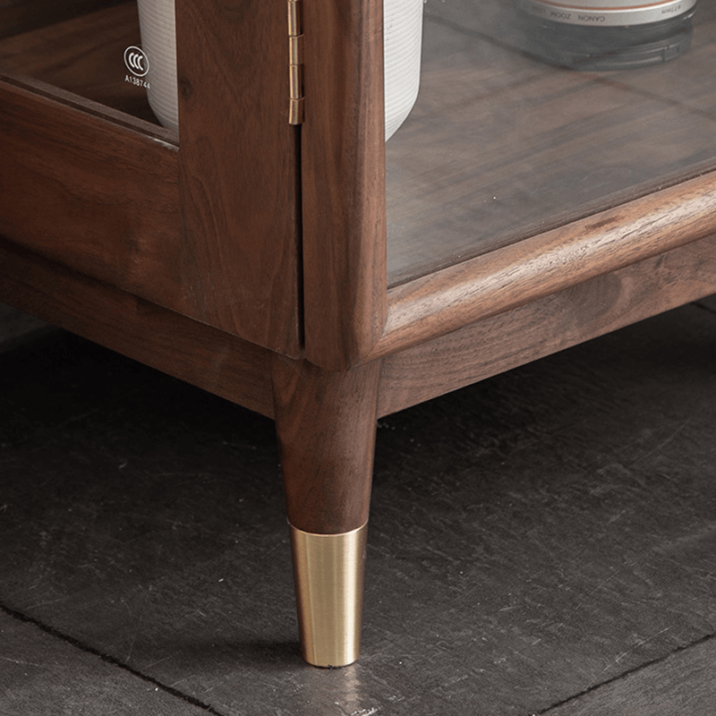 Modern Tall Glass Display Wine Cabinet - Walnut Wood