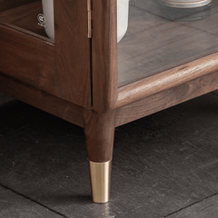 Modern Tall Glass Display Wine Cabinet - Walnut Wood