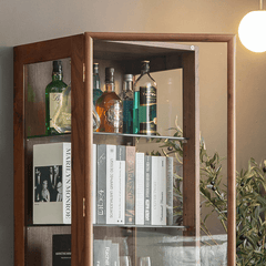 Modern Tall Glass Display Wine Cabinet - Walnut Wood