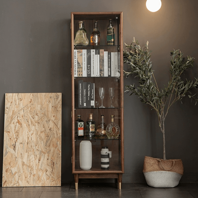 Modern Tall Glass Display Wine Cabinet - Walnut Wood