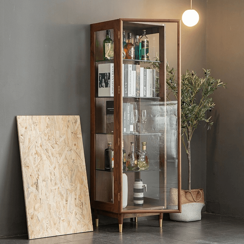 Modern Tall Glass Display Wine Cabinet - Walnut Wood Main Product Image Hauptbild