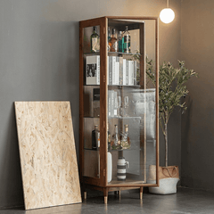 Modern Tall Glass Display Wine Cabinet - Walnut Wood Main Product Image