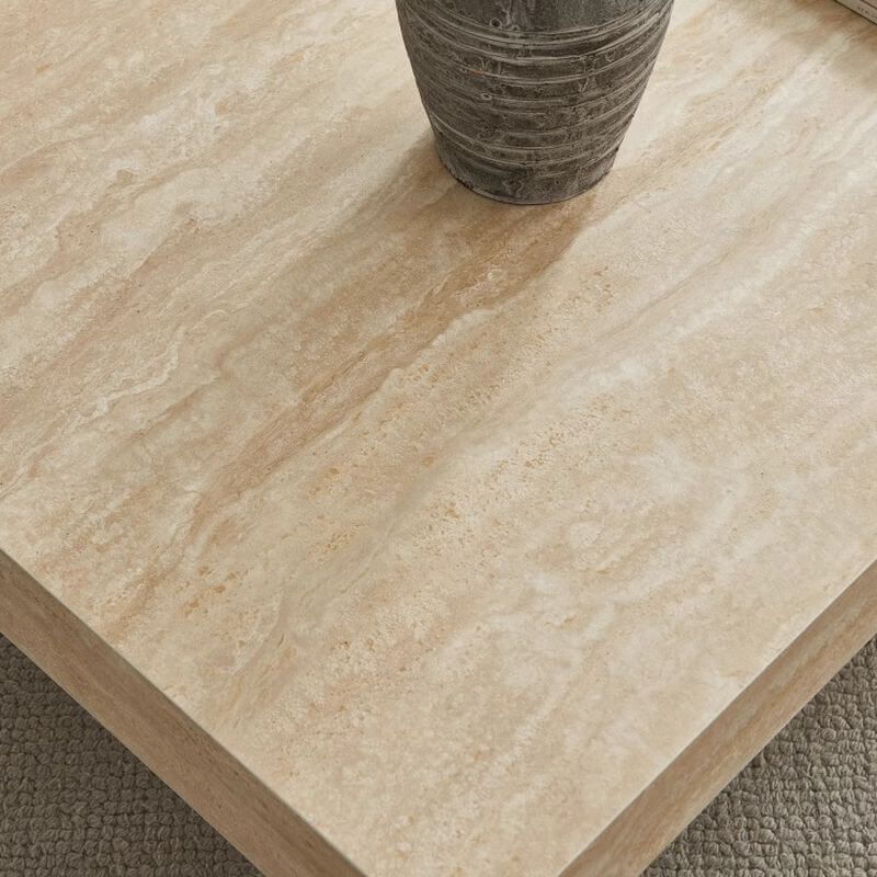 Modern Travertine Coffee Table with Transparent Acrylic Sled Base
