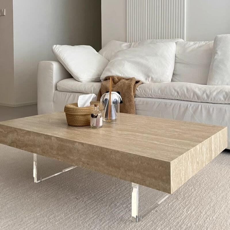 Modern Travertine Coffee Table with Transparent Acrylic Sled Base