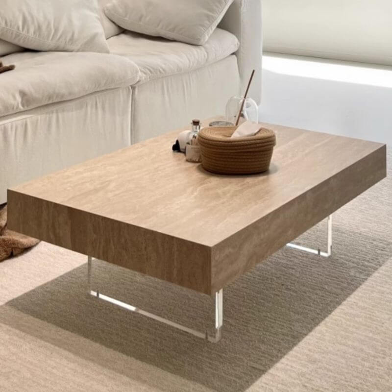 Modern Travertine Coffee Table with Transparent Acrylic Sled Base Main Product Image Main image