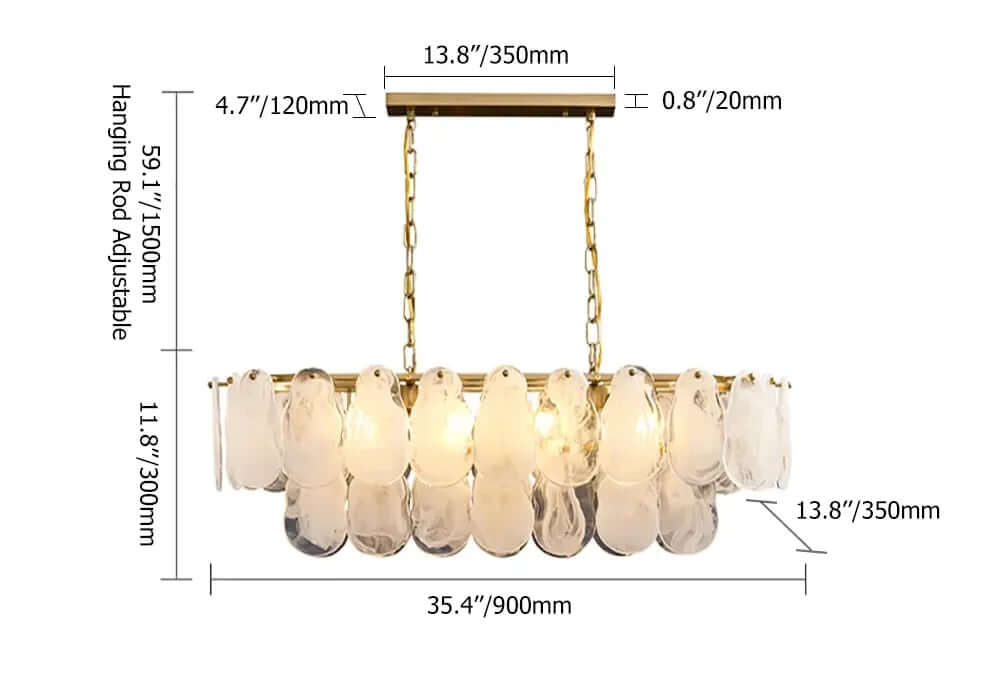 Modern Two-Tier Cloud Glass Pendant Light with Golden Metal Frame Dimensions