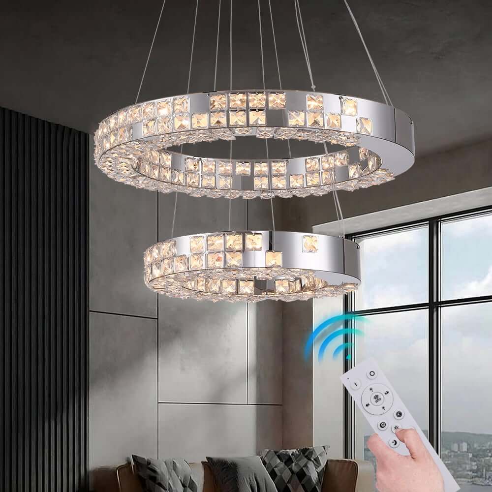 Modern Two-Tier Stainless Steel Ring Chandelier with K9 Crystal Accents