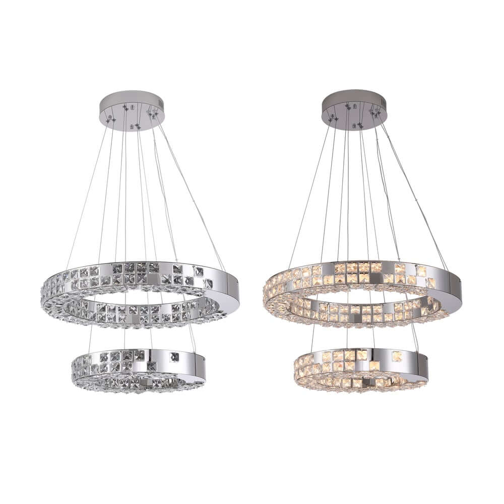 Modern Two-Tier Stainless Steel Ring Chandelier with K9 Crystal Accents