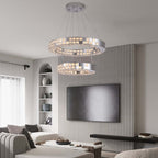 Modern Two-Tier Stainless Steel Ring Chandelier with K9 Crystal Accents