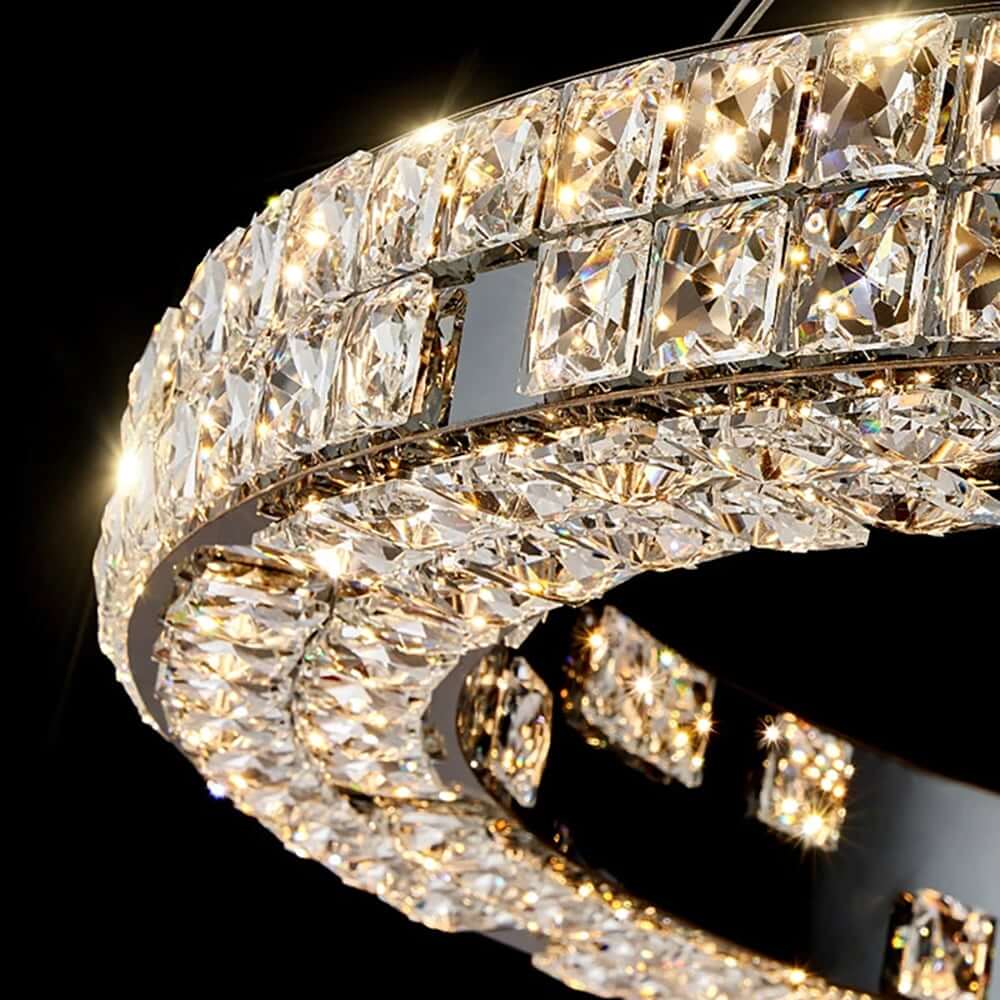 Modern Two-Tier Stainless Steel Ring Chandelier with K9 Crystal Accents