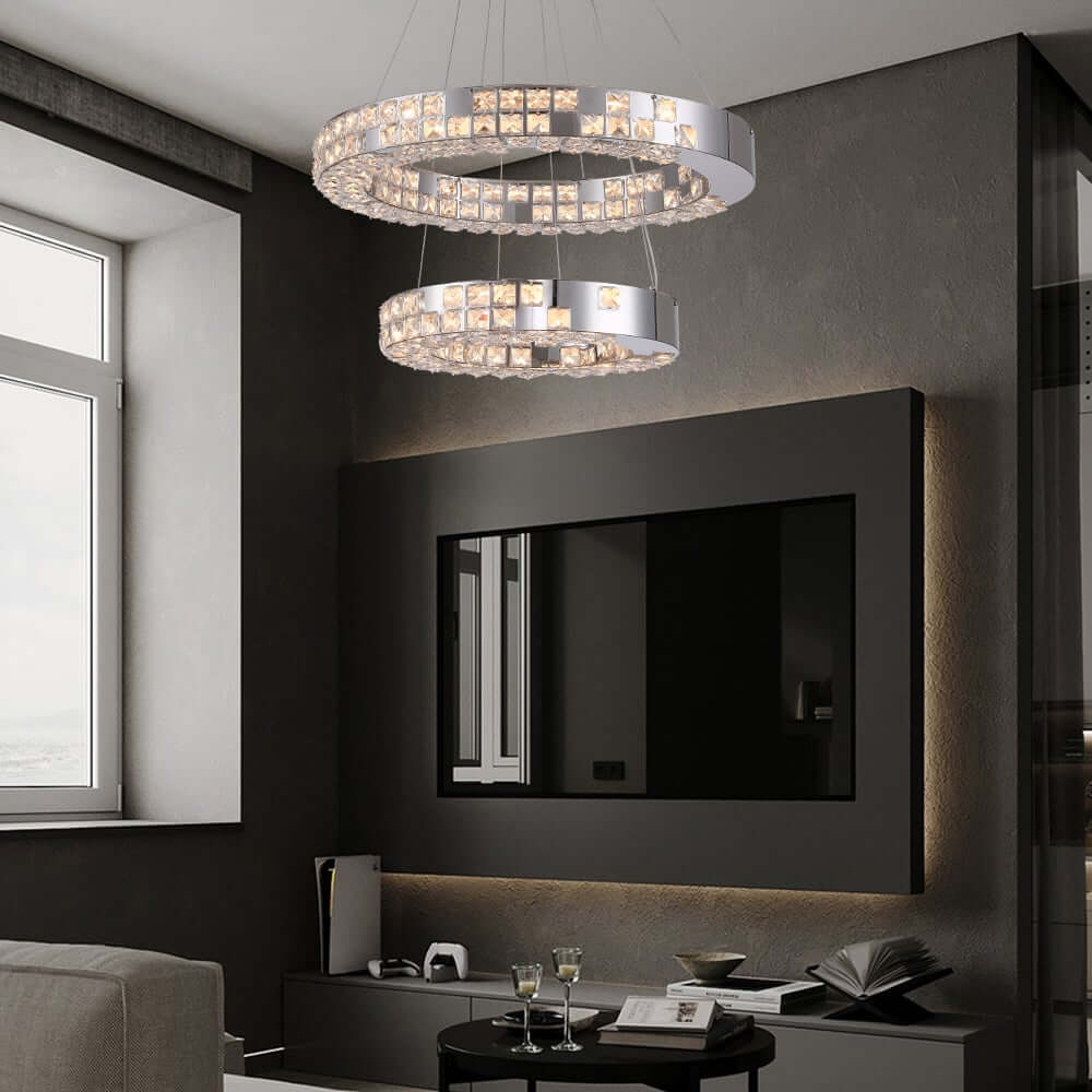 Modern Two-Tier Stainless Steel Ring Chandelier with K9 Crystal Accents