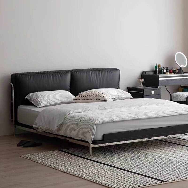 Modern Upholstered Bed in Black - Wood Slat Support