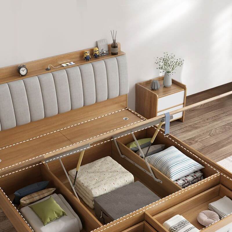 Modern Upholstered Bed with Storage in Natural and Grey Finish