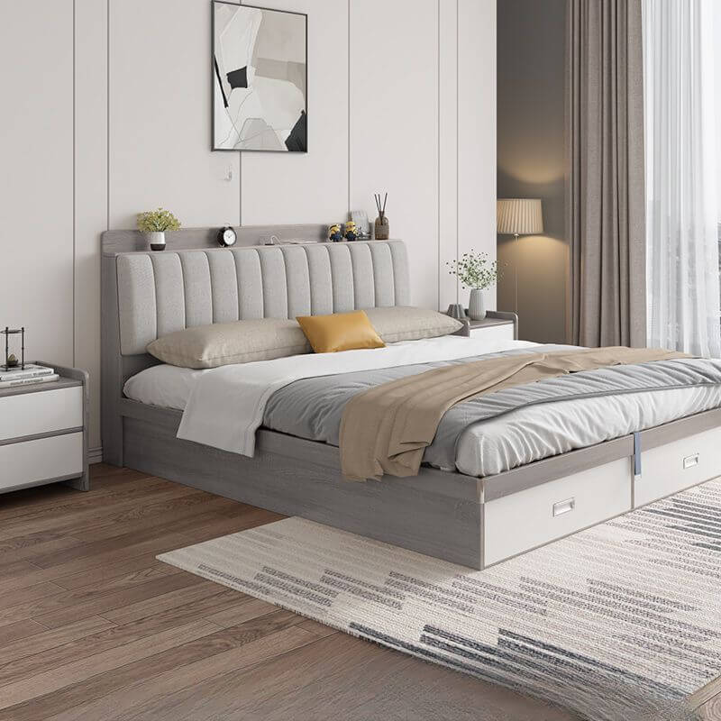 Modern Upholstered Bed with Storage in Natural and Grey Finish