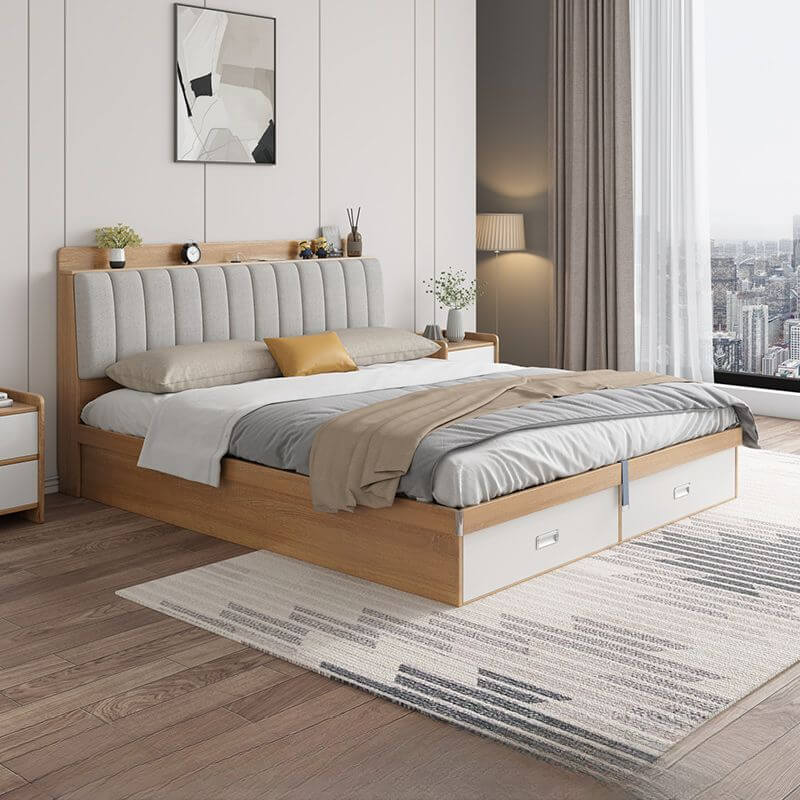 Modern Upholstered Bed with Storage in Natural and Grey Finish Main Product Image Main image