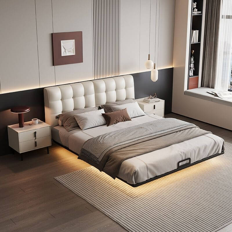 Modern Upholstered Floating Bed with Soft Lighting and Headboard