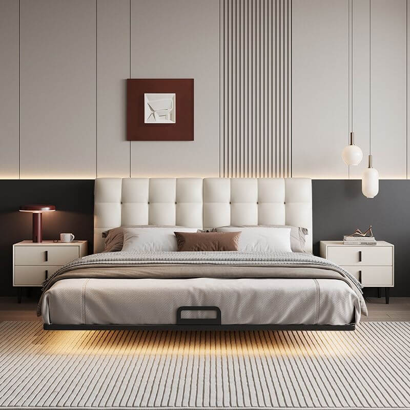 Modern Upholstered Floating Bed with Soft Lighting and Headboard