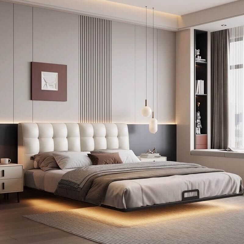 Modern Upholstered Floating Bed with Soft Lighting and Headboard Main Product Image