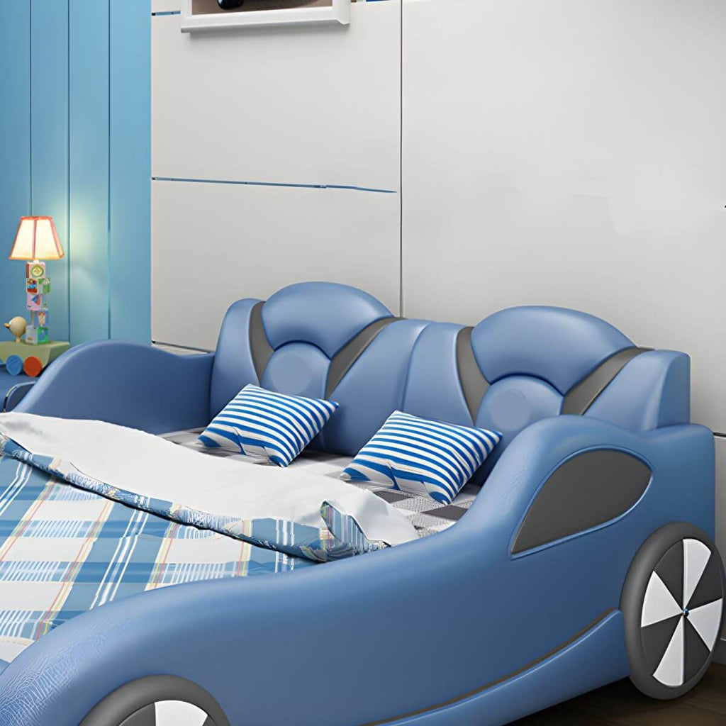 Modern Upholstered Kids Bed with Car Theme Design in Blue
