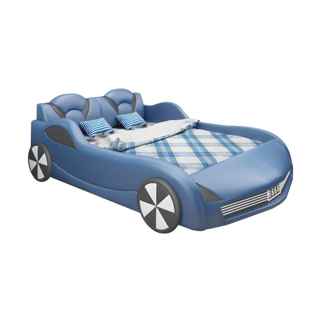 Modern Upholstered Kids Bed with Car Theme Design in Blue