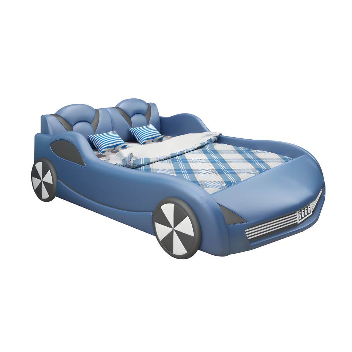 Modern Upholstered Kids Bed with Car Theme Design in Blue