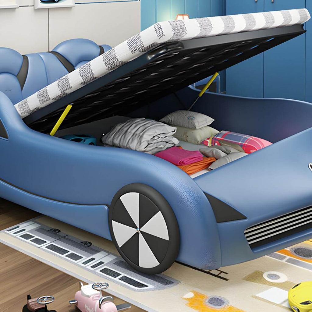 Modern Upholstered Kids Bed with Car Theme Design in Blue