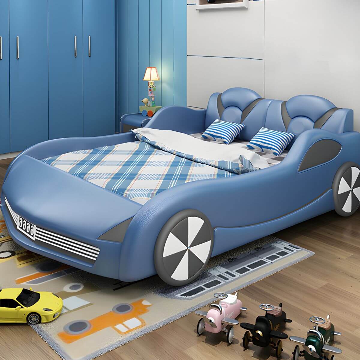Modern Upholstered Kids Bed with Car Theme Design in Blue Main image