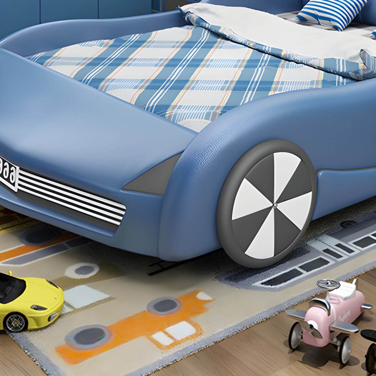 Modern Upholstered Kids Bed with Car Theme Design in Blue