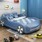 Modern Upholstered Kids Bed with Car Theme Design in Blue Main Product Image