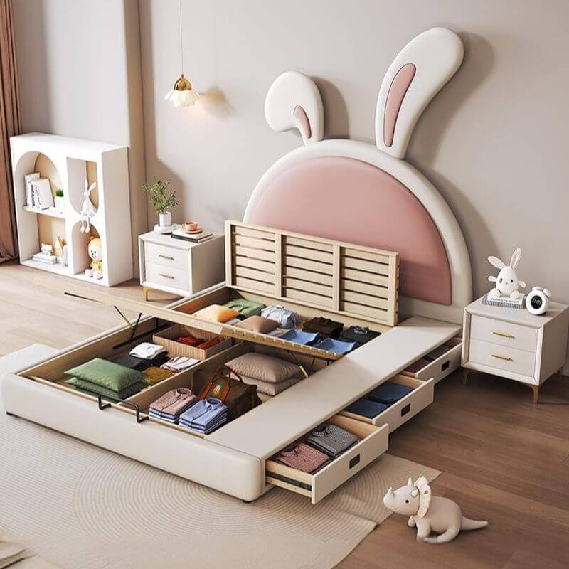 Modern Upholstered Kids Bed with Cute Rabbit Ears Design