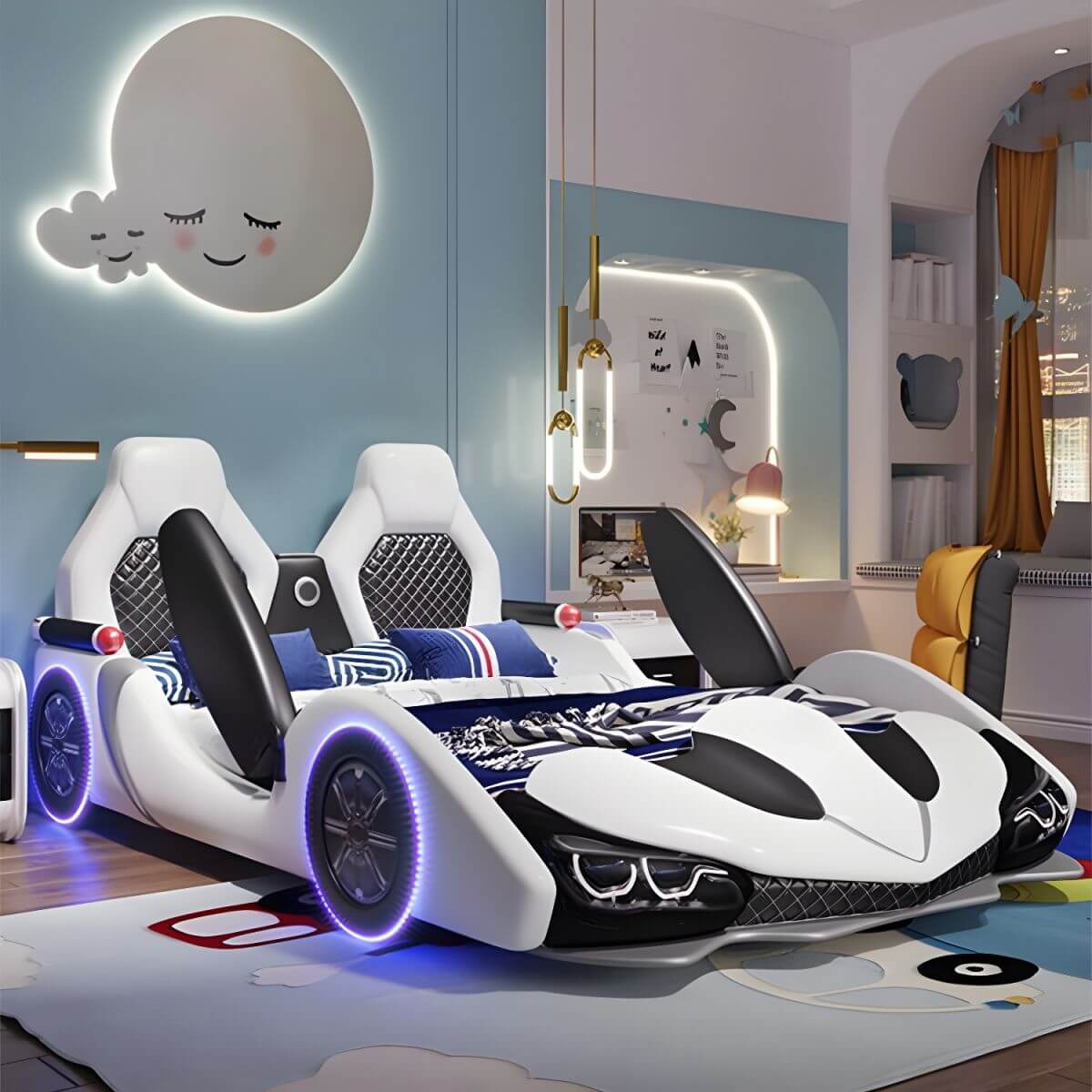 Modern Upholstered Kids Bed with Mattress in Car Theme Design メイン画像