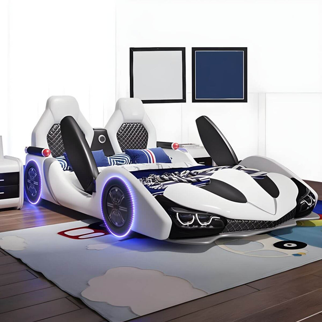 Modern Upholstered Kids Bed with Mattress in Car Theme Design