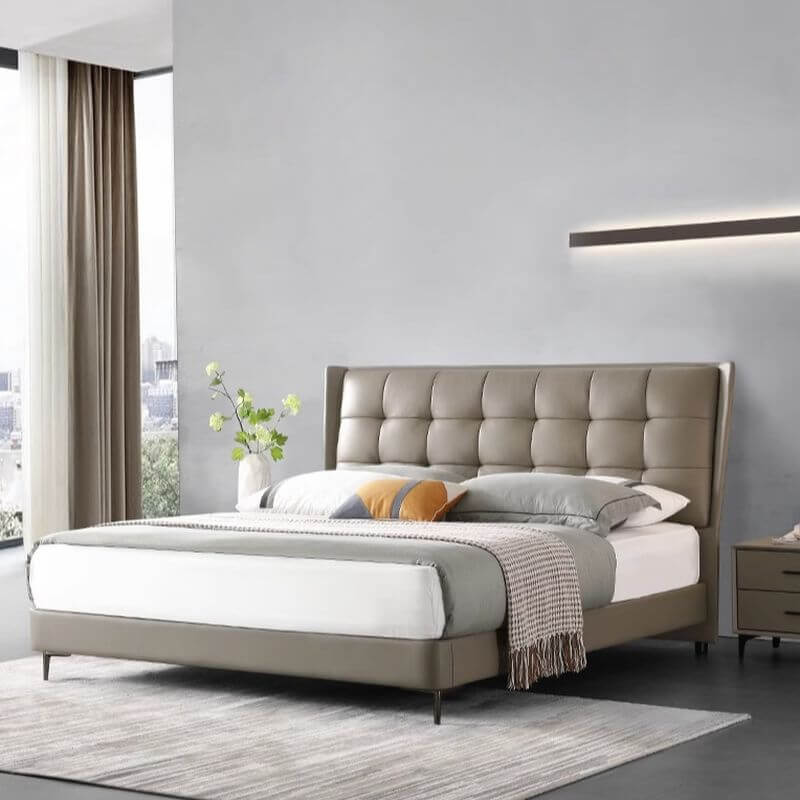 Modern Upholstered Panel Bed in Grey with Tufted Headboard Main Product Image