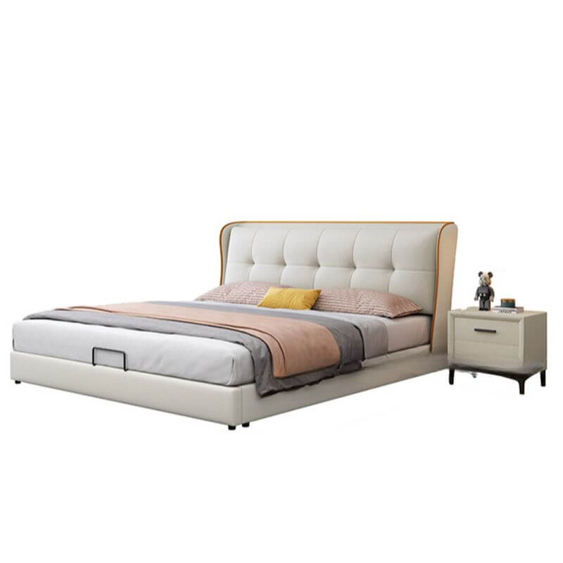 Modern Upholstered Panel Bed with Elevated Storage and Tufted Headboard