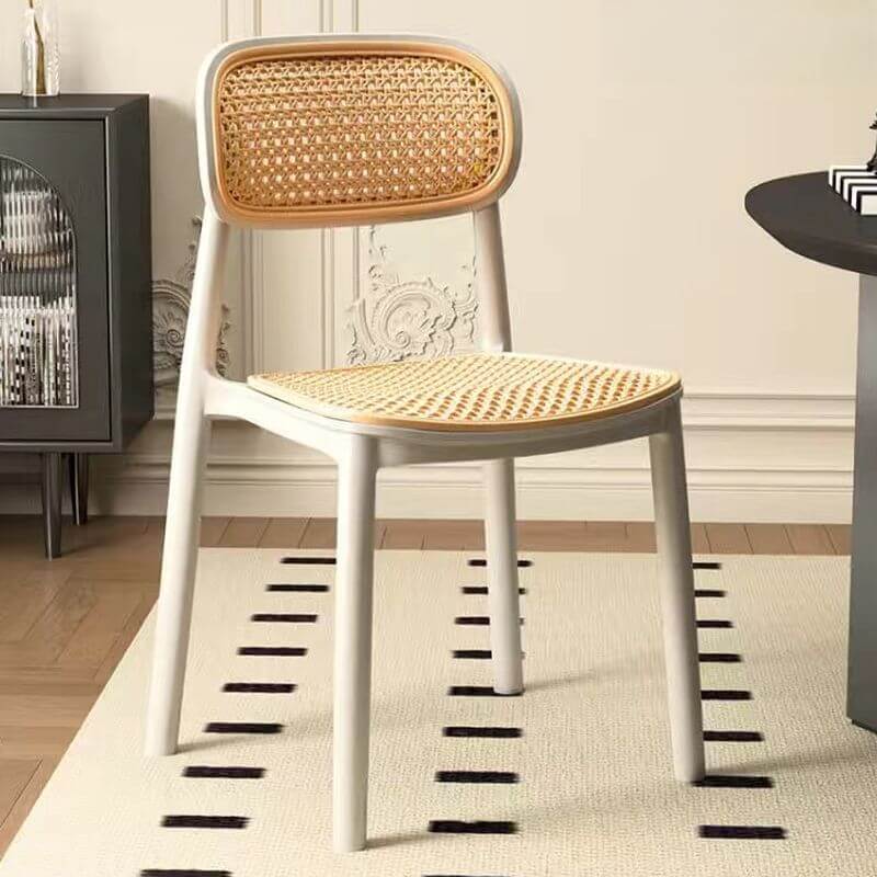 Modern Upholstered Side Chair with Rattan Back and Wood Legs