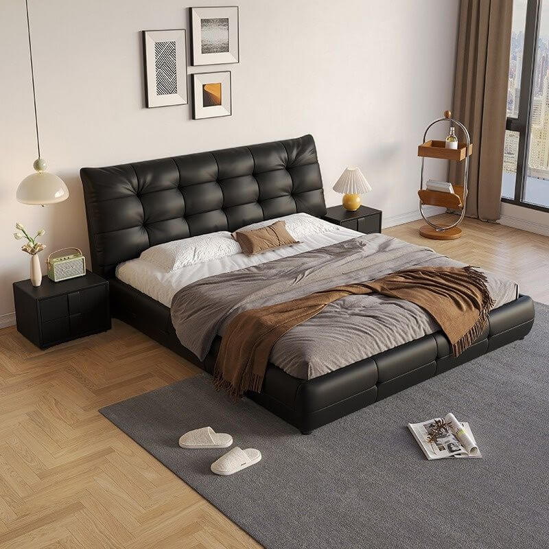 Modern Upholstered Tufted Panel Bed – Black