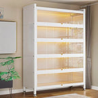 Modern Vertical Metal Bookcase with Glass Doors and LED Lighting