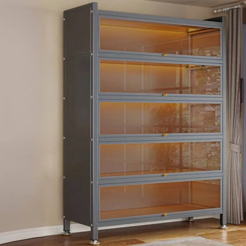 Modern Vertical Metal Bookcase with Glass Doors and LED Lighting