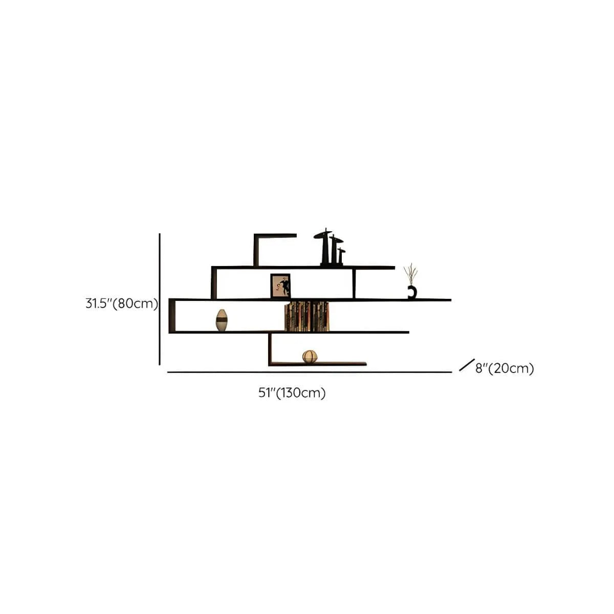 Modern Wall-Mounted Wood Bookshelf with Asymmetrical Shelves Dimensions