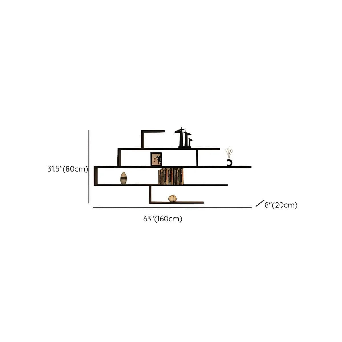 Modern Wall-Mounted Wood Bookshelf with Asymmetrical Shelves Dimensions