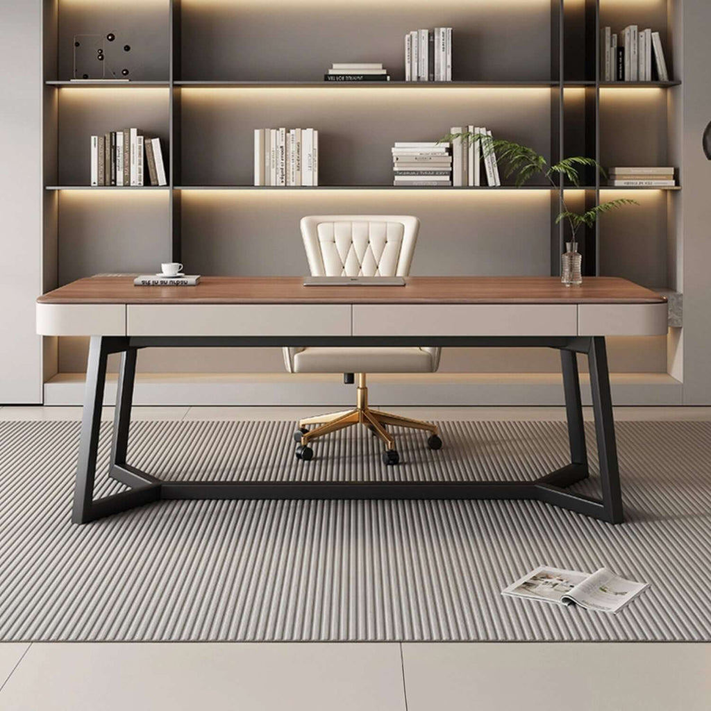 Modern Walnut Executive Desk with PU Leather Panels