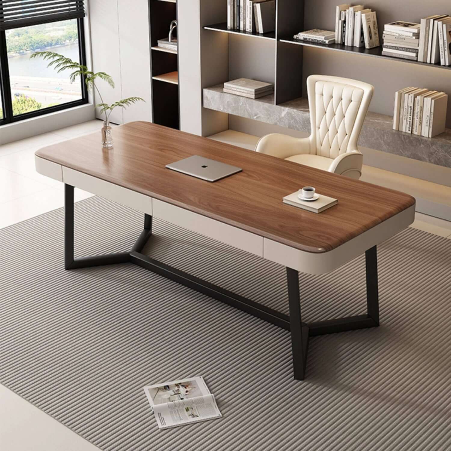 Modern Walnut Executive Desk with PU Leather Panels