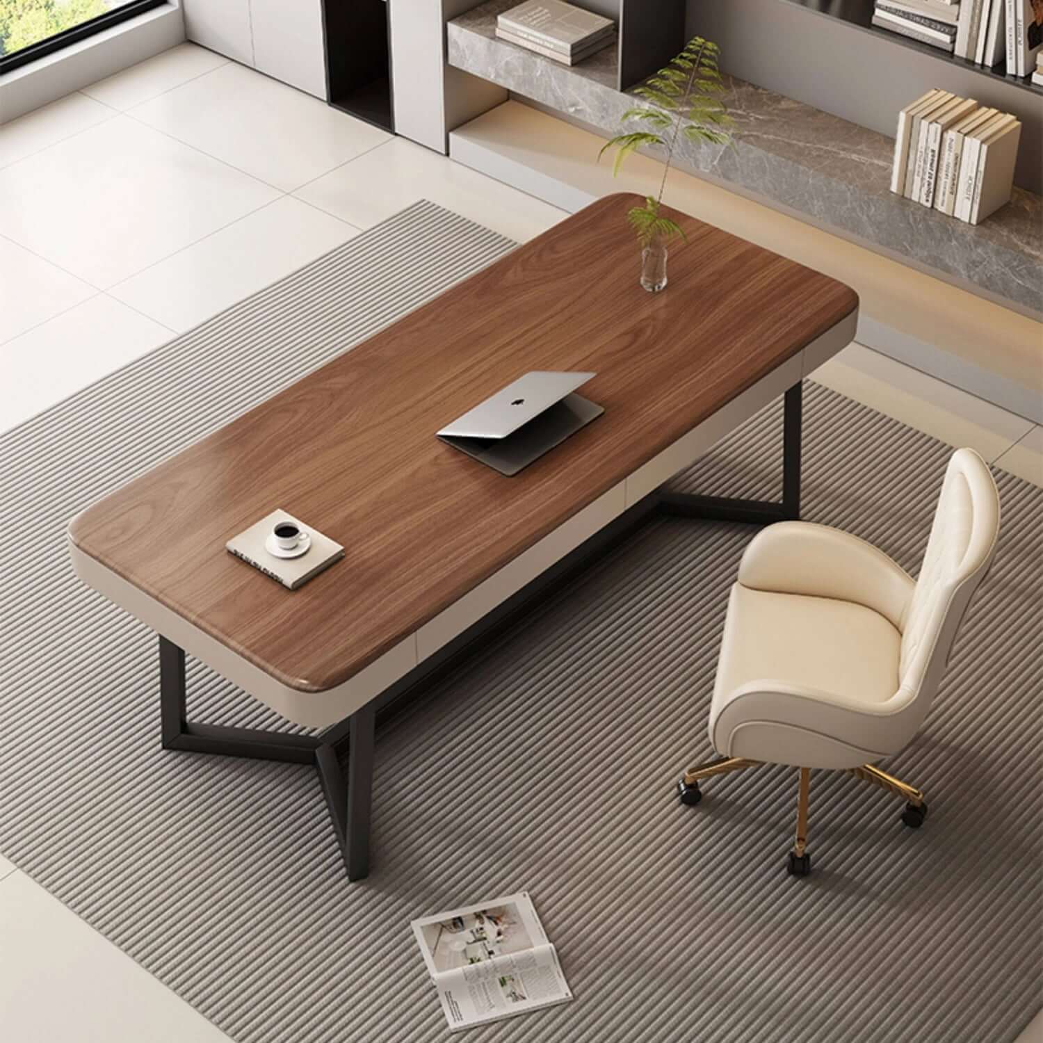 Modern Walnut Executive Desk with PU Leather Panels