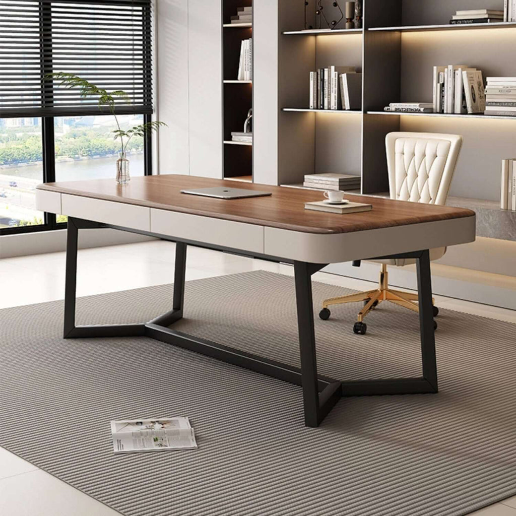 Modern Walnut Executive Desk with PU Leather Panels