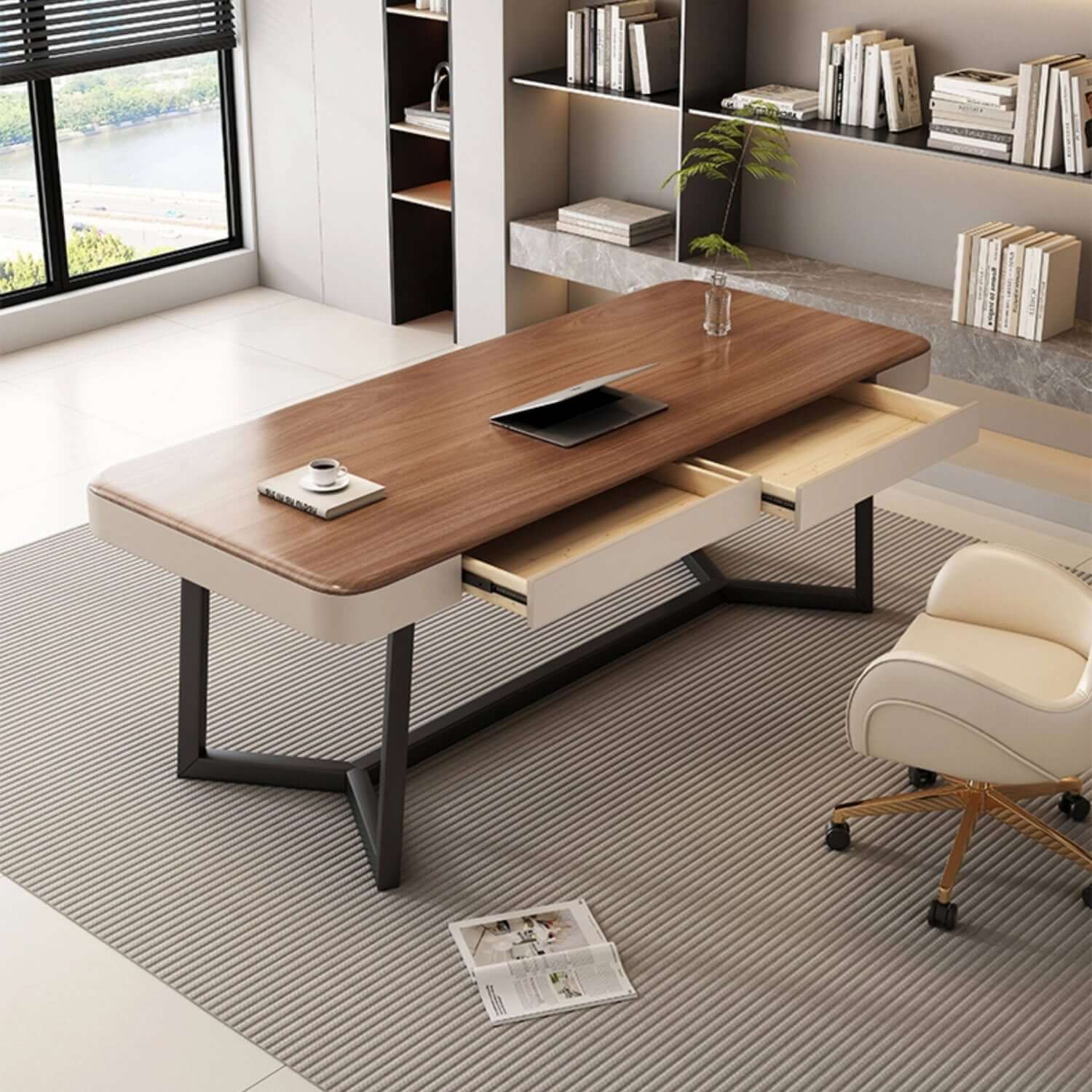 Modern Walnut Executive Desk with PU Leather Panels Main Product Image メイン画像